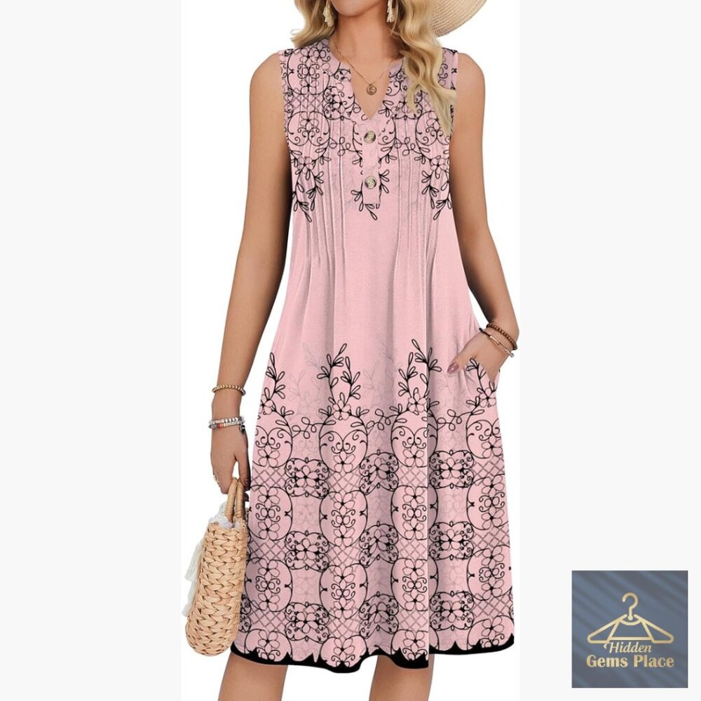 Sleeveless Midi Sundress With Pockets V-Neck Pleated A-Line Summer Casual